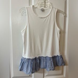 Sleeveless White with blue stripe ruffle trim around the bottom.. Size XS